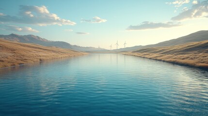 Obraz premium A calm river flows through a valley with wind turbines in the distance.