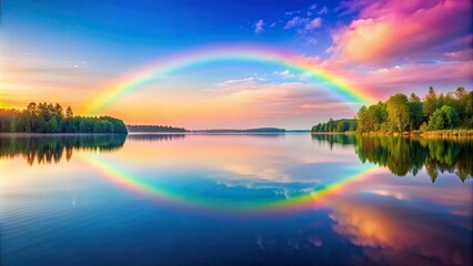 Fototapeta premium Beautiful rainbow pastel lake reflecting the colors of summer in a minimalistic and serene setting, pastel, rainbow