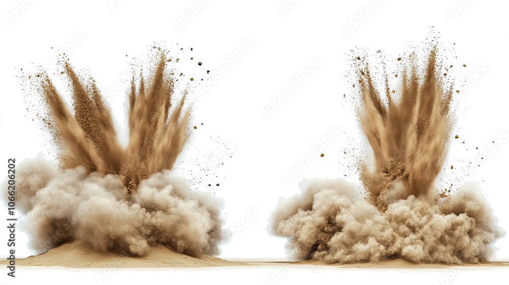 Poster sand explosions with dirt clouds on a transparent background generative ai