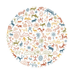 Vector round ethnic element, circular petroglyph pattern, rock paintings, naive art, vector design