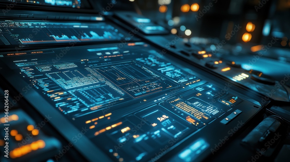 Poster Futuristic Control Panel with Glowing Blue and Orange Data Display