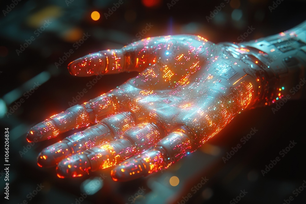 Poster a robotic hand glowing with multicolored lights