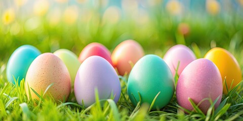 Colorful Easter eggs in pastel hues, perfect for decorating and hiding during Easter egg hunts, Easter, celebration, holiday