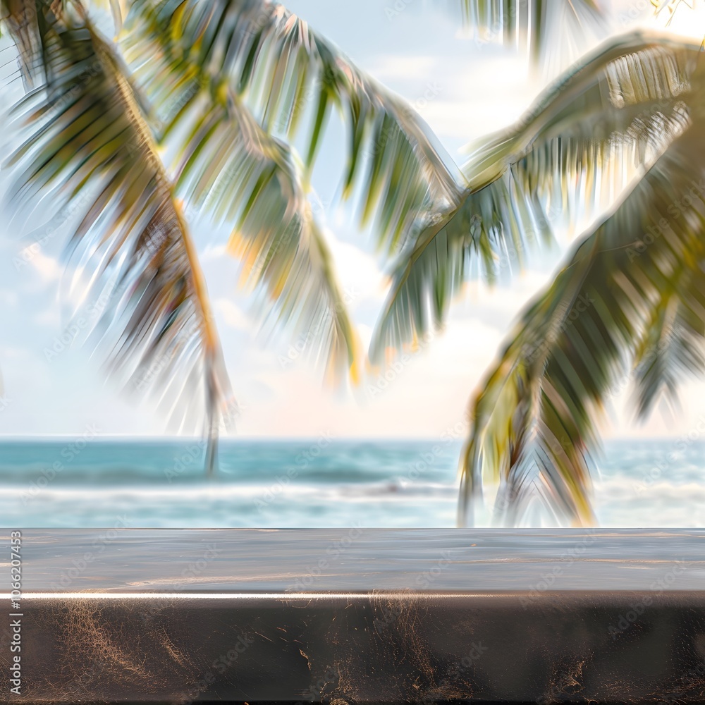Aufkleber a blurred view of palm trees against a serene beach backdrop.