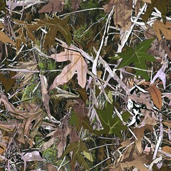 Mossy Oak Tree Bark Oak Leaves Hunting Camo Pattern, Seamless Camouflage Foliage Texture	
