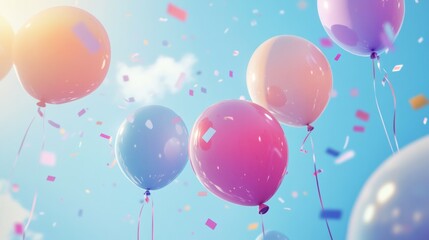 Brightly colored balloons and confetti contrast against the blue background.