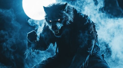 A menacing werewolf with glowing eyes snarls in the moonlight.