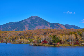 秋の長野県の白樺湖西側湖畔から東側の風景(蓼科山,池の平神社鳥居など)