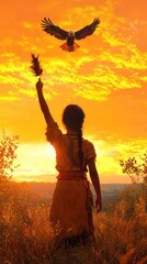 Native American Woman Holding Eagle Feather at Sunset with Flying Eagle