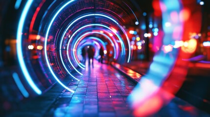 Neon Lights Tunnel with Blurred People Walking Through