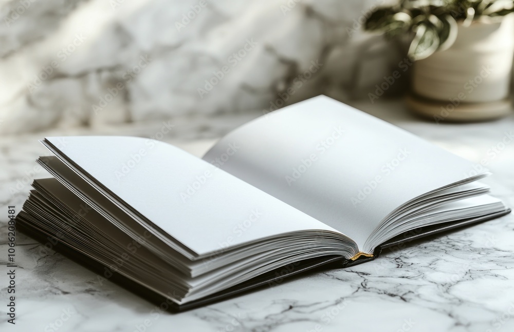 Poster open book with blank pages on marble surface