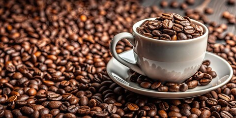 Fototapeta premium Close-up of freshly roasted coffee beans next to a white ceramic cup, coffee, beans, roasted, close-up, white cup, ceramic