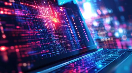 Obraz premium Digital World, Laptop with Neon Lights