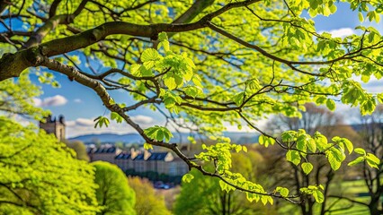 Fototapeta premium Fresh green leaves on a tree in spring in Linlithgow, West Lothian, Scotland, tree, green, leaves, spring, Linlithgow