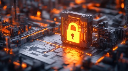 A concept of securing industrial automation, featuring a digital lock overlaid on automated machinery, surrounded by icons of cybersecurity best practices such as safe data handling and network segmen