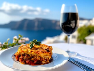 Authentic Greek moussaka on a terrace, with a view of the azure waters surrounding Santorinis white buildings