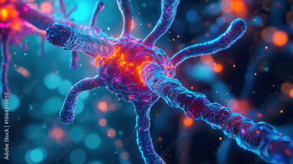 Aufkleber Microscopic View of a Neuron with Glowing Synapse