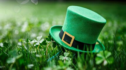 festive St. Patrick's Day background featuring a vibrant green hat and shamrock clover, evoking Irish spirit and celebration.