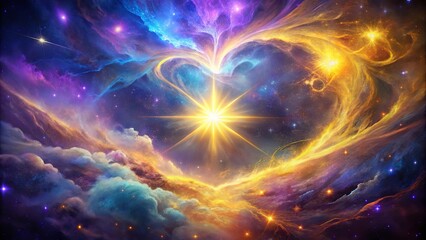Obraz premium A celestial tapestry of swirling nebulas, illuminated by a radiant central star, evoking a sense of cosmic wonder and celestial harmony.
