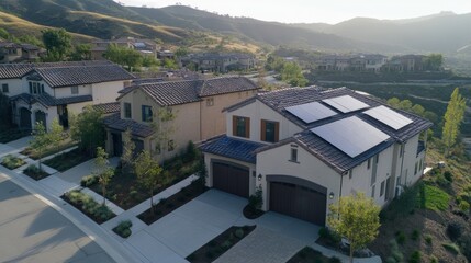 Modern Residential Homes with Solar Panels on Rooftops in a Hillside Community