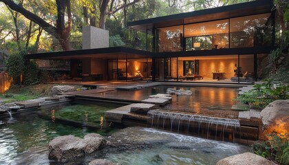 Naklejka premium Modern Glass House with Waterfall and Pond in Wooded Setting
