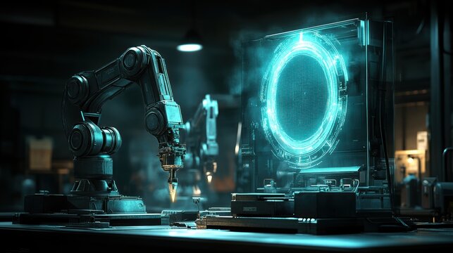 A high-tech factory setting with advanced robotic arms, overlaid with holographic cybersecurity shields, representing operational technology security 
