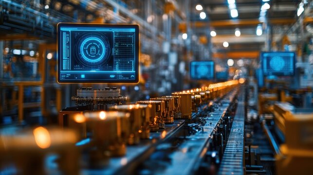 A high-tech industrial control room with holographic screens showing cybersecurity protocols and protective measures to prevent cyberattacks