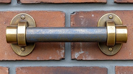 A close-up of a brass handrail mounted on a brick wall.