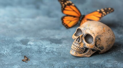 Obraz premium Day of the Dead Skull and Butterfly Still Life on Blue Background