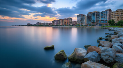 Fototapeta premium Peaceful Coastal Town with Sunset Reflection and Ocean Horizon.