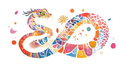 Obraz premium Bright and Playful Chinese Zodiac Snake Illustration in Vector Style on White Background