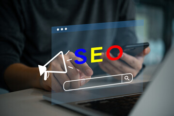 Hand SEO graphic elements, symbolizing search engine optimization strategies for boosting website...