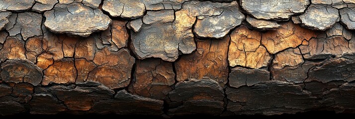 Fototapeta premium Close-Up of Cracked and Weathered Tree Bark with Deep Brown and Golden Hues