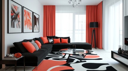 Modern Living Room with Black Sofa, Orange Accents, and Abstract Art