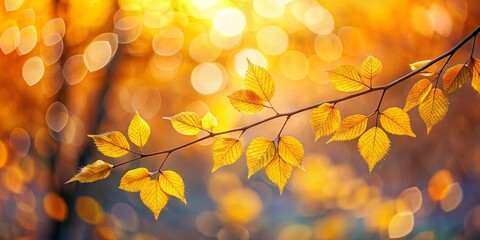 Obraz premium Golden Hues of Autumn A Branch of Vibrant Leaves Bathed in Soft Sunlight, Their Veins Gleaming with the Essence of a Season's Transformation