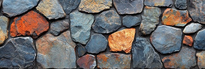 Obraz premium Close-up of a textured stone wall with various shades of gray, blue, and orange