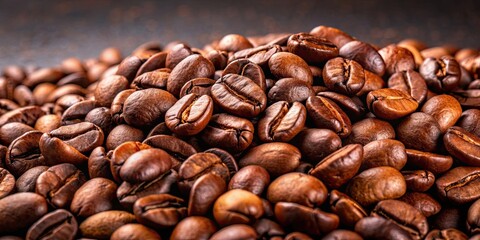 Fototapeta premium Close-up view of a pile of freshly roasted coffee beans , coffee, beans, roast, close-up, pile, drink, caffeine, aroma