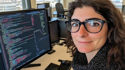 A focused programmer working at a desk with code displayed on a large monitor, symbolizing technology and innovation.