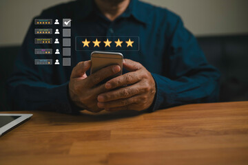 A man give rating to service experience online application Customer review  Customer can evaluate...