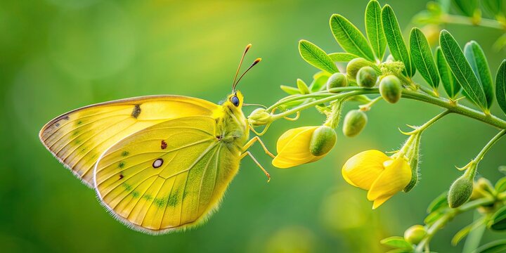 Cloudless sulfur butterfly laying eggs on partridge pea plant, butterfly, ovipositing, eggs, partridge pea, plant, nature