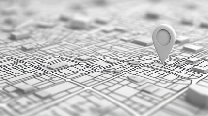 A 3D rendered white map with a pin marking a location.