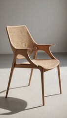 Fototapeta premium Modern Wooden Chair with Rattan Seat and Backrest for Home Decor and Interior Design