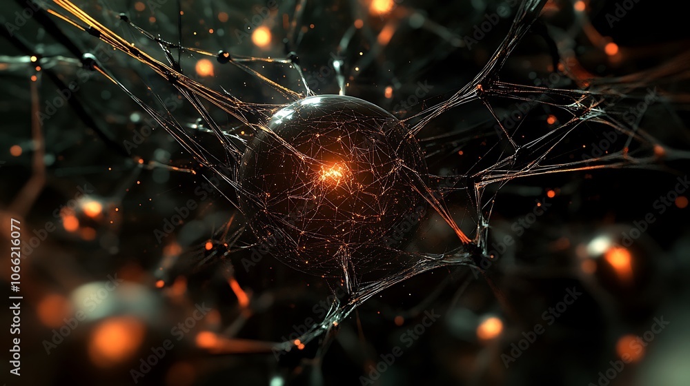 Poster a glowing sphere connected to a network of intricate strands