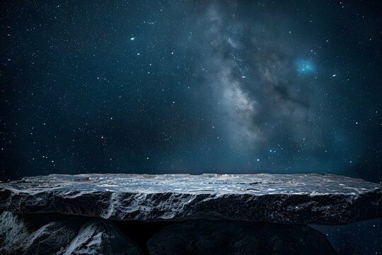 A surreal stone table set against a cosmic starry background.