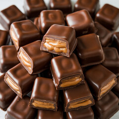 The nut chocolate,Directly above shot of cherries in box against white background,Pile of chocolate square candies with cocoa filling isolated on a white background.