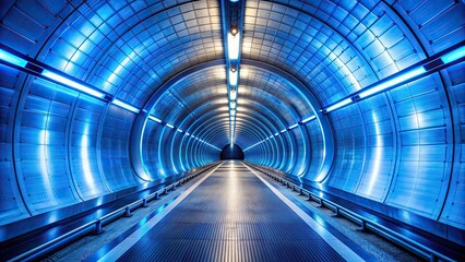 Obraz premium Blue illuminated tunnel in an underground subway , tunnel, blue, lights, underground, transportation, urban
