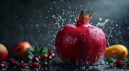 A pomegranate with water droplets, scattered around it some other fruits and vegetables
