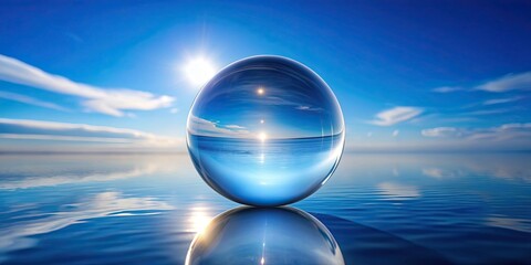 Glass sphere reflecting the sky on a blue background, Glass, sphere, blue, reflection,shiny, round, clear, abstract