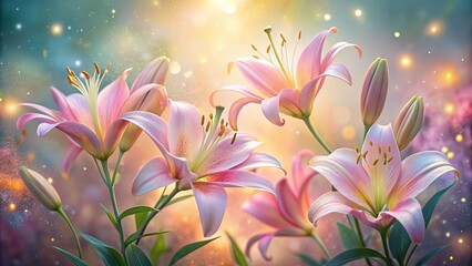Fototapeta premium Delicate Pink Lilies Blossom in a Sun-Drenched Garden, Shimmering with Golden Dust and a Soft, Dreamy Glow