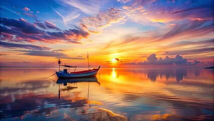 A solitary boat rests peacefully on the calm waters, mirroring the vibrant hues of the sky as the sun dips below the horizon, casting a golden glow across the serene landscape.
